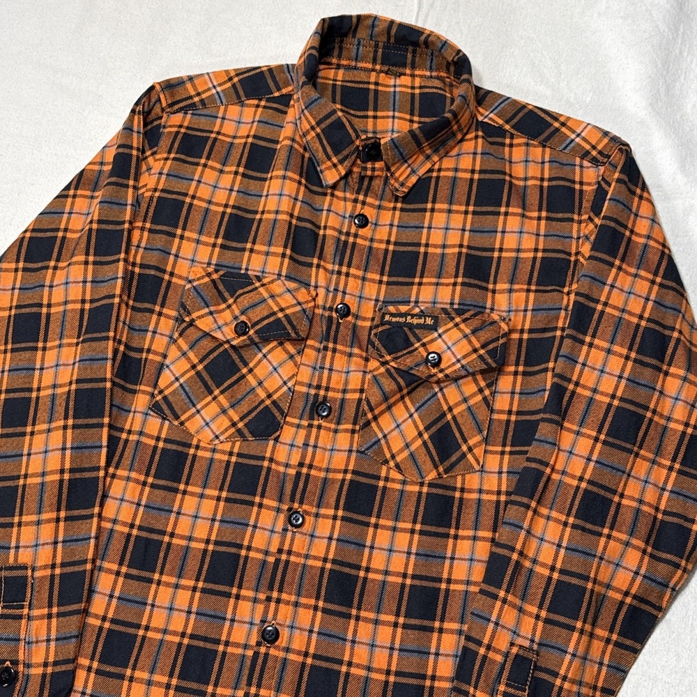 Demons Behind Me Shirt Men L Orange Plaid Flannel Skull Embroidered Skater